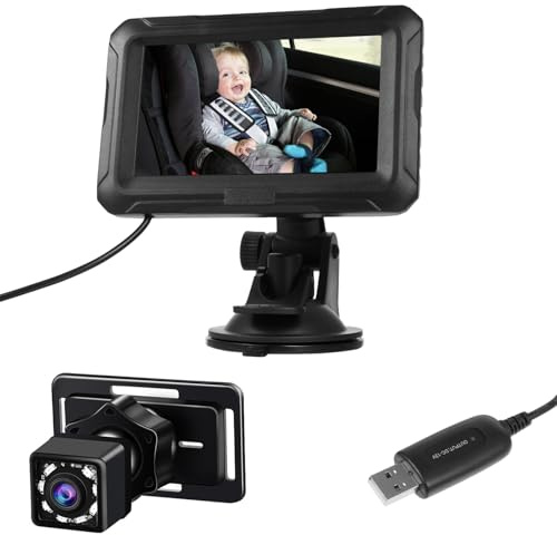 Akozon Monitor de bebé para Coche, Cámara de Visión Nocturna 1080P para Bebés, Niños, Mascotas, ángulo de Visión de 4,3 Pulgadas y 150° (con Cable USB)