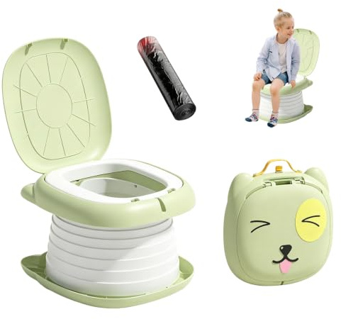 Siège de Toilette pour Enfants, Pot Bebe Toilette Pliable Voyage Portable avec Sac Poubelle, Trainer WC Pour Chaise,Portable Siège pour Voyages Camping Voiture Plage Excursion (Vert)