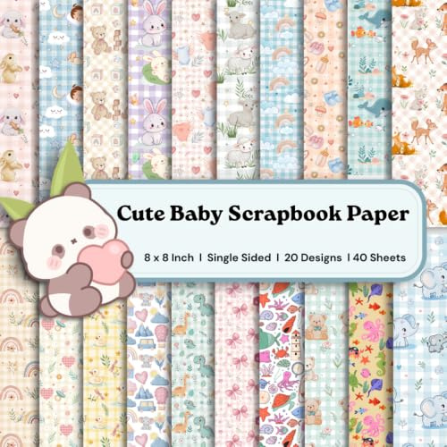 Cute Baby Scrapbook Paper 8x8 – Pastel Nursery Animals & Rainbow Designs (40 Sheets): Single-Sided Craft Paper for Scrapbooking, Baby Albums, Card Making & Baby Shower Crafts