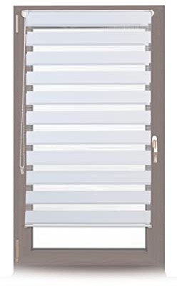 Relaxdays Doppelrollo Klemmfix ohne bohren, Seitenzugrollo mit Streifen, Duo-Rollo für Fenster, Stoff 66x156 cm, weiß