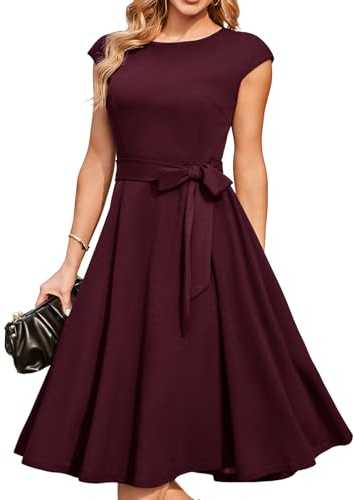 DRESSTELLS Cocktailkleid Damen Bordeaux Abendkleid Kurz Elegant 1950er Knielang Rockabilly Hochzeitkleid Vintage A-Line Swing Festlich Midilang Sommer Kleid Burgundy M