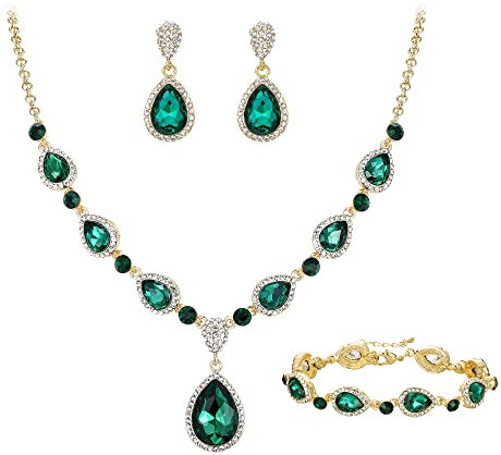 Clearine Y-Halskette + Ohrringe und Armband Marquise Kristall Tennis Armkette Hochzeit Braut Träne Diamant Kostüm Schmuckset für Damen Smaragd-Grün Gold-Ton
