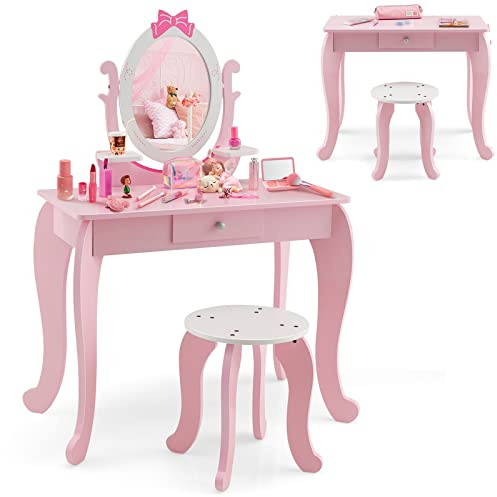 RELAX4LIFE 2 in 1 Toeletta Trucco Bambina con Specchio e Sgabello, Set Tavolo da Trucco con Specchio Rimovibile, Centro di Bellezza, Giocattolo da Trucco per Bambini dai 3 ai 7 Anni