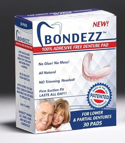Bondezz Adhesive Free Denture Pads | Lower Denture | 30 Pack | Secure & Comfortable Fit | No Glue/No Mess | All Day Suction | Denture Glue Alternative | Safe, Natural & Non-Toxic