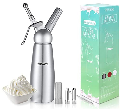 GreatWhip Whipped Cream Dispenser Highly Durable Aluminum Whipped Cream Maker 500ml /1 Pint Large Capacity Cream Whipper with 3 Stainless Steel Nozzles & Cleaning Brush