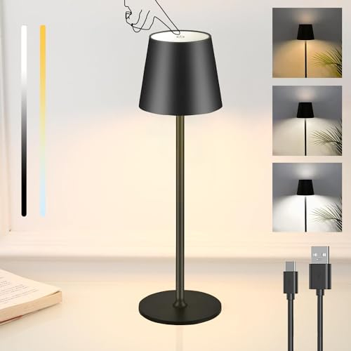 LED Dimmbar Tischlampe Kabellos, Wiederaufladbar Akku Tischleuchte mit Touch Control, Metall LED Akku Tischlampe mit USB-C, IP44 Wasserdichte Outdoor Tischleuchte für Terrassen, Restaurants, Schwarz