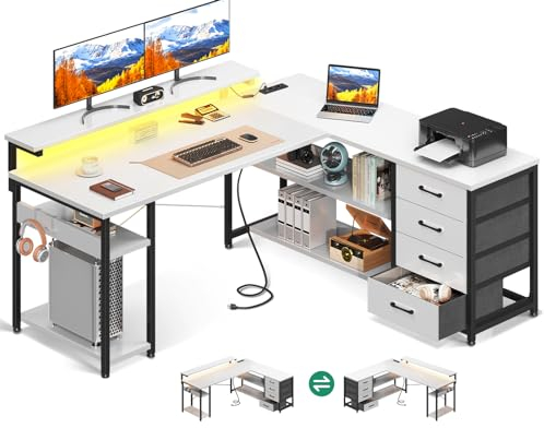 ODK Schreibtisch mit Schubladen, 135×110cm Reversible Eckschreibtisch mit 2 Steckdosen und 2 USB Ladeanschluss, Bürotisch L Form mit LED für Home Office, Weiß