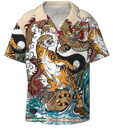 OdDdot Camisa de vestir para hombre con estampado de dragón y tigre, ajustada, manga corta, informal, para negocios, con botones