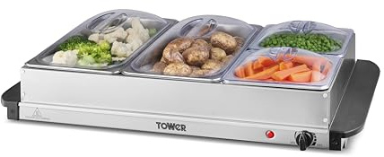 Tower Buffet Server with 2x 2.5L Trays & 2x 1.2L Trays, Adjustable Temperature Controls, Cool Touch Handles, 300W, Stainless Steel, Silver, T16151