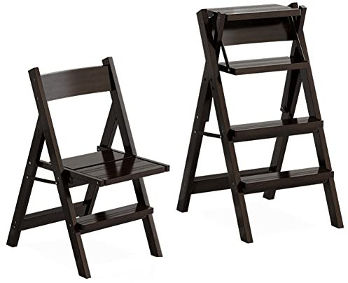 Tabouret d'escalade d'intérieur, escabeau pliant en bois massif, escabeau à double usage, 4 marches, chaise multi-convertible, tabouret d'escalier, maison, cuisine, jardin, bibliothèque/noir (noir)