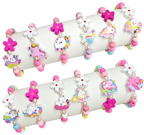 Suofuolef 12 stycken flickor träarmband för fest present | Färgglad enhörning blommor vänskapsarmband för barns födelsedag gästgåvor flätade armband smycken