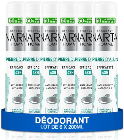 NARTA - Déodorant Homme - Pierre d'Alun Spray Efficacité 48h Anti-Humidité & Odeurs Hypoallergénique - lot de 6x200ml
