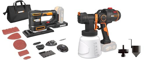 PACK WORX PRO+ Ponceuse 5-en-1 20V + Pistolet à Peinture 20V (Sans Batterie ni Chargeur, Idéal Pour Tous les Projets de Bricolage et de Rénovation)