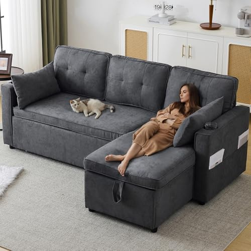 GigaXynium bäddsoffa med sovfunktion, U-formad soffa, stoppad soffa, bomull och linnetyg, med mugghållare, två förvaringsutrymme, lämplig för familjer, vardagsrum och andra platser (grå + 3 sits)