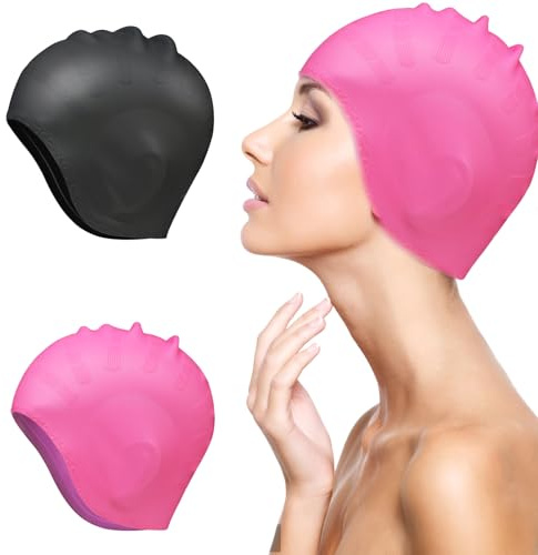 Swimming Cap Women, Swim Caps for Women with Ear Protection, Waterproof Swim Hat for Long Hair, Adult Swimming Cap for Pool Therapy and Water Sports (Black, Pink)
