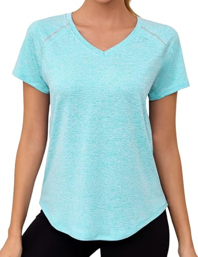 Gyabnw Camiseta Deportiva Mujer Manga Corta Cuello V UPF 50+ Secado Rápido