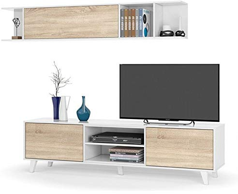 Parete Attrezzata Da Soggiorno Salotto Mobile TV Ante Soft Close Pensile Con Mensola Dsign Moderno Elegante Resistente 180 x 41 x 43 Cm Bianco Lucido E Rovere