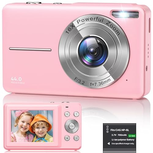 Digital Camera 1080P, 44MP FHD Compact Digital Camera, 16X Digital Zoom Portable Photo Camera with 2.4 LCD Screen, 1 Battery, Vlogging Camera for Kids, Beginners, Teens, Students-Pink (No SD Card)