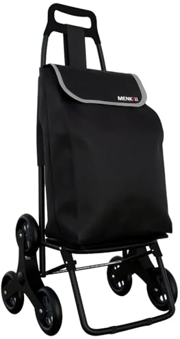 MENKËLL Carrellino per la Spesa con 6 Ruote Girevoli Saliscale - Borsa Impermeabile da 35L, Rimovibile per Trasporto Acqua - Pieghevole, Leggero e Compatto - Perfetto Anche per Anziani (Nero)