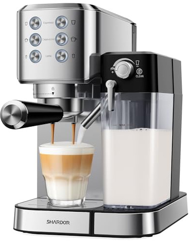 SHARDOR Automatische Espressomaschine, 1350W Kaffeemaschinen, 20 Bar Siebträgermaschine mit Milchaufschäumer, mit Siebträger, Professionelle Kaffeemaschine für Espresso Cappuccino Latte Macchiato