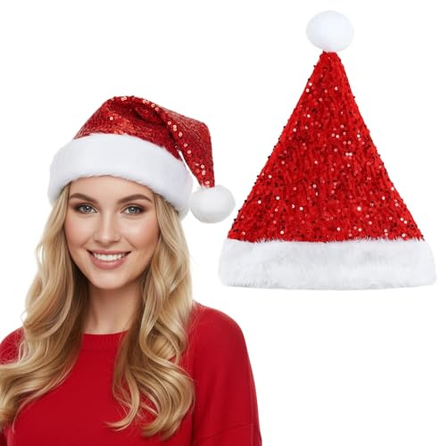WaaRiuQ 1 PCS Christmas Hats Adult,Santa Hats for Adults,Festive Santa Hat, Sparkly Christmas Hat, Santa Costume Adult for Holiday Celebrations