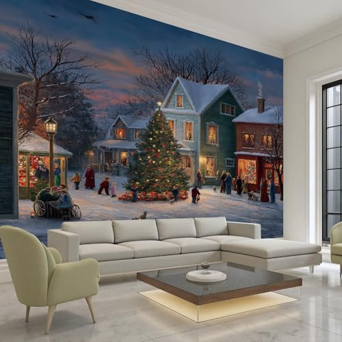 Wlujhia Papier Peint Panoramique Ville Noël 100x70 cm, Paysage De Neige Mur Papier Peint Intissé Décoration Murale Panoramique Photo Poster Tableaux Muraux Tapisserie