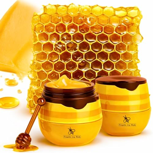 2PCS Bee Cute Lip Balm Set, Lip Mask Honey Pot, Hydrating Honey LipBalm Pot for Dry, Chapped & Cracked/Lips with Propolis, Honey&Vitamin E - Soften, Smooth & Reduce LipLines, Day Night LipCare