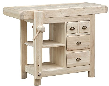 Biscottini Banco Tavolo da lavoro Country in legno massello di tiglio finitura grezza L 116 x PR 63 x H 90 cm Made in Italy, fedele riproduzione di un antico ed originale Banco da Falegname