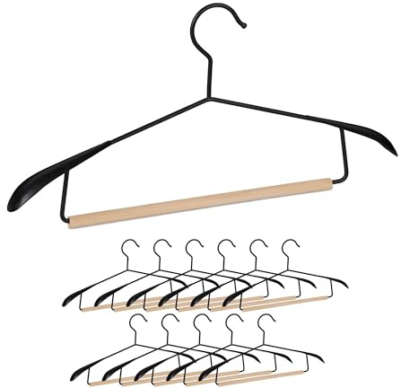 Relaxdays Pack de 12 Perchas Ropa, Hombros Anchos, para Trajes de Chaqueta, con Barra Pantalones, Madera y Metal, Negro