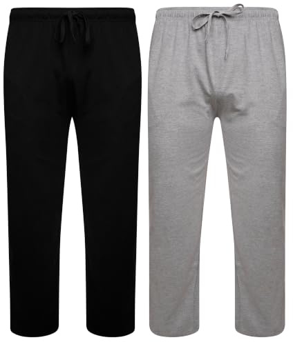 Sock Stack 2 Pack Mens Pyjama Bottoms Organic Cotton Rich Jersey Lounge Pants Relaxed Fit Long PJ Trousers with Pockets Sleepwear (Black/Grey, Large)
