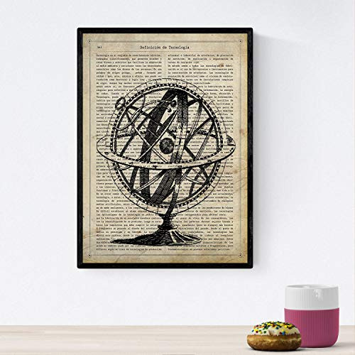 Nacnic Poster de Giroscopio astronomico.Láminas vintage para decoración de interiores. Posters con diseño vintage y definiciones. Tamaño A4 con marco