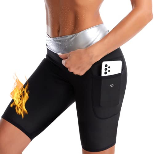 Nano Hertz Sauna Sweat Suit Shapewear Shorts Pockets Waist Trainer Body Sweatsuit Exercise Fitness Gym Women Girl, Black, XS-S