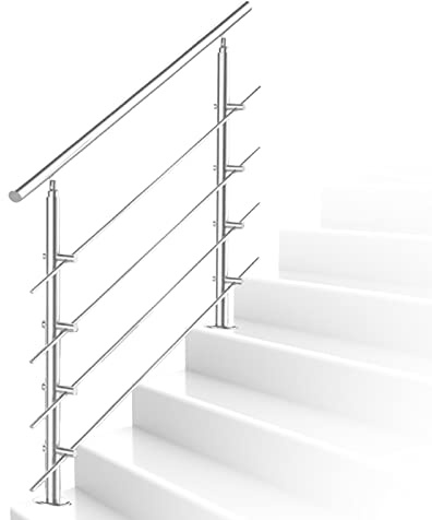 Ikodm Ringhiera per Scale Acciaio Inox, Corrimano in Acciaio Inox Spazzolato 80cm 4traverse Interno Esterno Ø 42 mm, Argento (L800mm H:1065mm)
