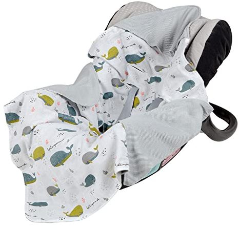 Mama Poppins Germany Einschlagdecke mit Lieblingsmensch Schriftzug aus 100% Bio-Baumwolle 90x90 cm Kuscheldecke für Kinderwagen Babyschale universal Baby Decke doppelseitig Musselin und Waffelstoff.