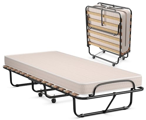 COSTWAY Brandina Pieghevole con Materasso, in Memory Foam, Struttura Resistente e 4 Ruote Girevoli, Lettino Pieghevole per Casa Ufficio, 190x80x39 cm