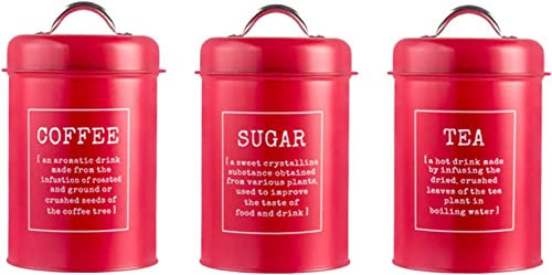 3 Piece Vintage Metal Containers, Retro Round Tea, Sugar, Coffee Canisters with Lids, Decorative Kitchen Food Storage Tin, 1200ml (Red)