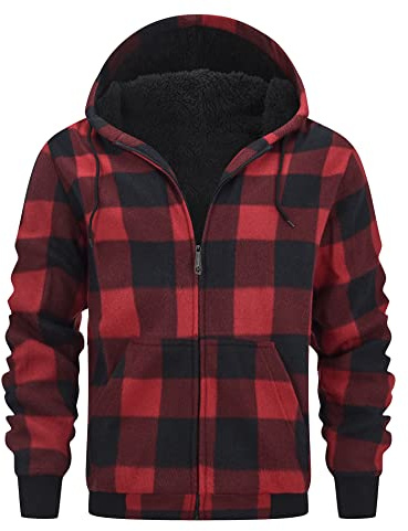geeksport Felpa Uomo con Cappuccio Giacca Uomo in Pile Felpa Flanella a Quadri Caldo Giacca Invernale Camicia Boscaiolo con Zip 0569 Rosso L