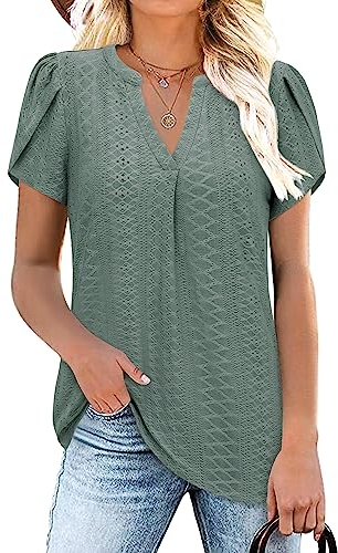 Siddhe Oberteile Damen Sommer Festlich Elegant Blusen Abendbluse V-Ausschnitt Tunika Große Größen Longbluse Kurzarm Shirt Lässig Longbluse, Grün