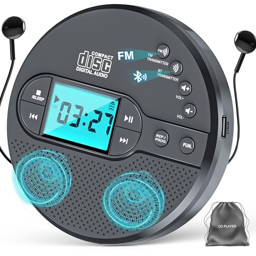 Portable CD Player with 2000mAh Rechargeable Battery-Bluetooth Connect CD Player with 3.5mm Headphones Jack,FM Transmitter,LCD Screen,AUX,Built-in Speaker,USB MP3 Player, Anti-Shock Protection for Car