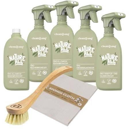 Cleangang Nature All Reinigungsmittel Set - 100% Bio, nachhaltig & Mikroplastikfrei - Badreiniger, Küchenreiniger, Universalreiniger, Glasreiniger, Bodenreiniger, Schwammtuch & Geschirrspülbürste