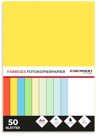Emerson farbiges Druckerpapier Kopierepapier gelb A4 50 Blatt | 80 g/m2 210 x 297 mm | Drucker: Laser, Inkjet, Fotokopie, Fax | Vielseitiges Papier zum Kopieren, Basteln