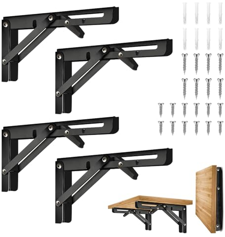 4 Stück Wand Klappkonsole Edelstahl Klappkonsolen,Wandmontierte Schwimmende Tischhalter,Schwerlastkonsole Regalträger Regalhalter Winkelträger DIY-Halterung, Schwarz,Tragkraft: 70kg(30cm/12in)