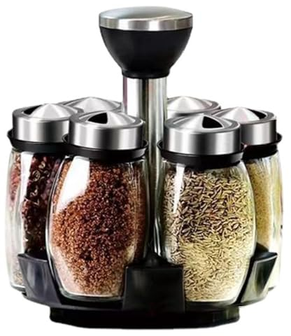 DFZHiuat Portaspezie rotante con 6 coperchi in vetro, rotazione a 360 gradi, in acciaio inox, organizer girevole da cucina, carosello autoportante per erbe, spezie e condimenti con barattoli