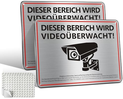 BEKOIUP Achtung Videoüberwachung Schild 2 Stück, 20x15cm Aluminium kamera überwachung, mit DSGVO Hinweis, mit Selbstklebend und 4 Bohrlöcher,für Überwachungskamera Oder Kamera Attrappe