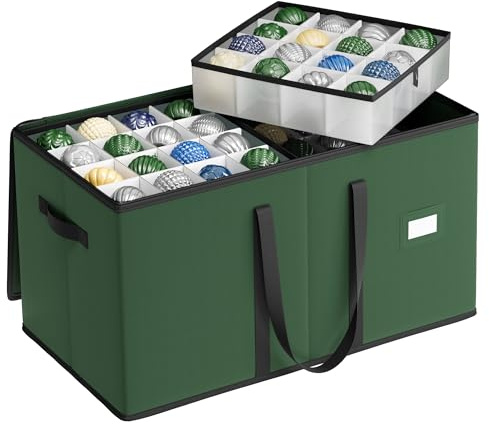 SONGMICS Large Christmas Decoration Storage Box, Dual Zippers, Stackable Christmas Storage Container with Lid, 8 Trays, 600D Oxford, 7.6 cm 128 Slots, Forest Green RFB035C01