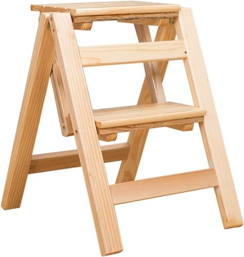 Folding 2 Stufen Hocker Küche Holzleitern Stühle Kleiner Fuß Hocker Holz Tragbare Leitern Hocker for Erwachsene & Kinder Indoor Trittleiter, Holz Farbe