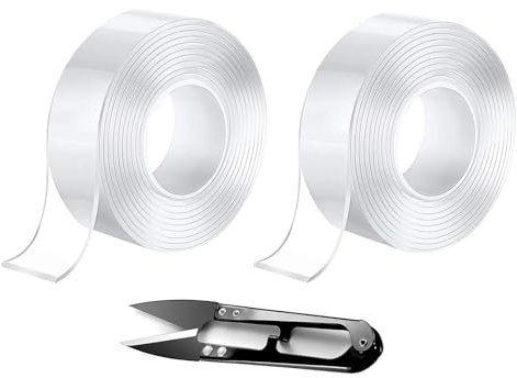 DuDuZui 2 Rotoli di Nastro Biadesivo 3mx3cm, Trasparente, Nastro Nano Rimovibile su Entrambi i Lati, per Pareti, Tappeti, Poster, Tenda Glide, Auto, con 1 Forbici Casuali