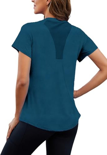 Nekosi Sportshirt Damen Kurzarm, Rundhals Back Mesh Sport Oberteile Damen, Elastisches leichtes atmungsaktives Funktionsshirt geeignet für Fitness Sports Lauf Yoga Preußischblau XXL
