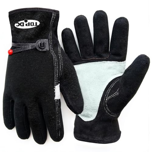 TOPDC Guantes de trabajo de cuero para hombres o mujeres, guantes de cuero vacuno con forro de algodón y palma reforzada, agarre firme y duradero