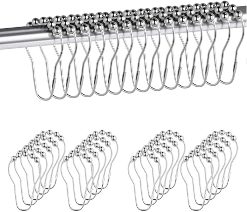 24 Pcs Stainless Steel Shower Curtain Hooks Rings Silver Roller Balls | Smooth Sliding Hooks for Hanging Bathroom, Bedroom and Kitchen Curtains, Durable Rust Resistant Design